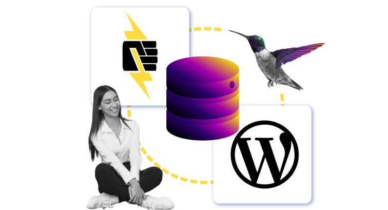 A collage featuring a woman, a humming bird and WordPress and Pantheon logos.