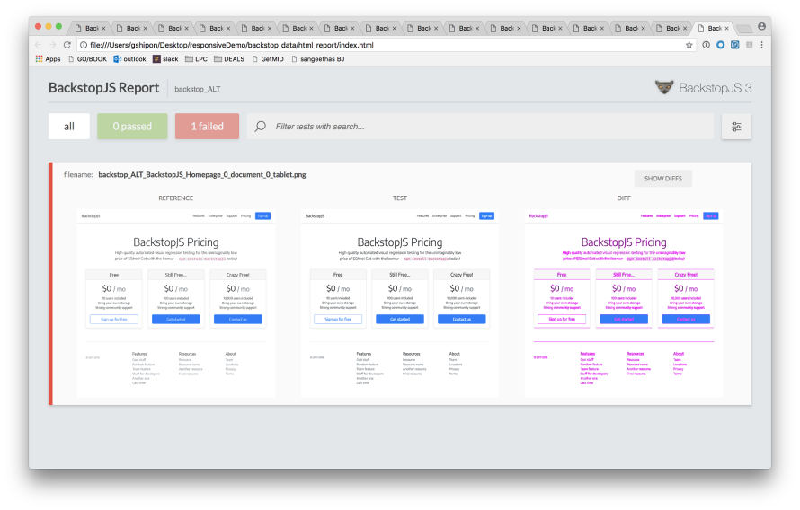 A visual regression testing report from BackstopJS