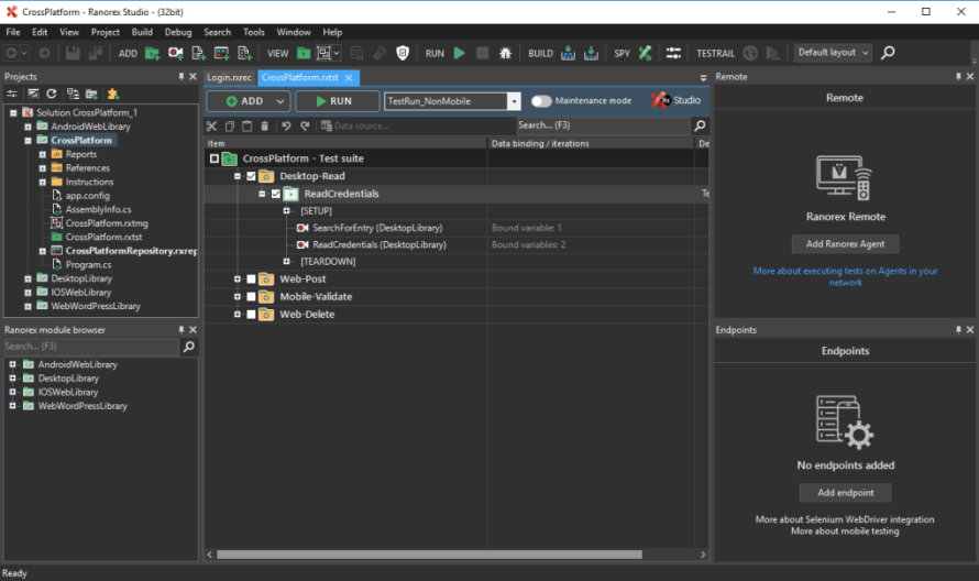 Managing a test suite in Ranorex Studio.