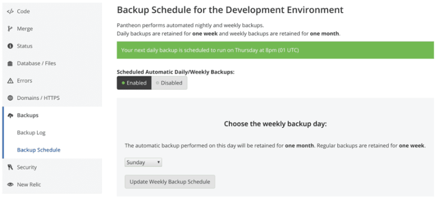 A screenshot of the Pantheon dashboard featuring automatic backups. 