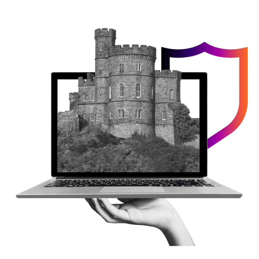 A collage featuring a castle inside a computer screen to showcase security.