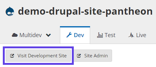 A screenshot of Pantheon's dashboard highlighting the Visit Developmet Site menu.. 