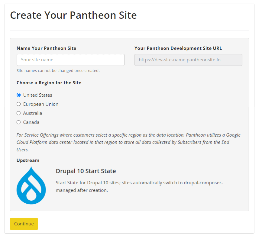 A screenshot of the Pantheon dashboard showing how to create a Pantheon site. 