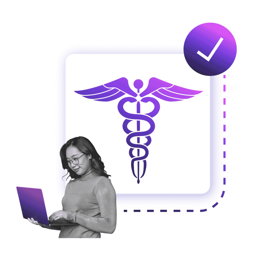 A collage featuring a person with a laptop and a healthcare symbol in the background. 