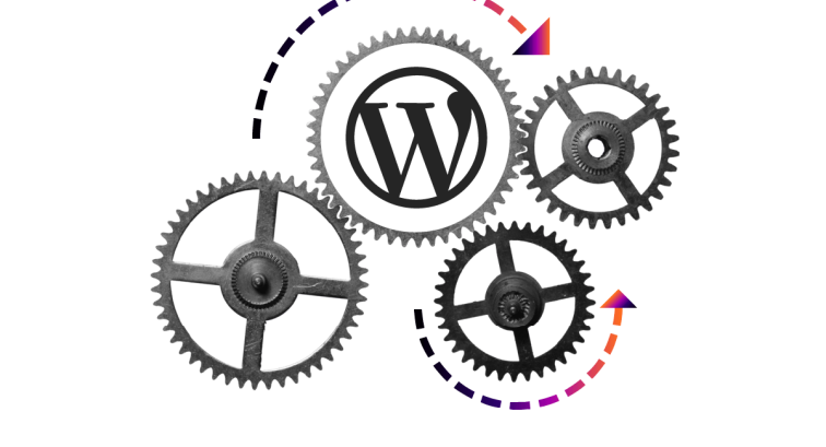 A collage featuring clock mechanisms spinning around the WordPress logo. 