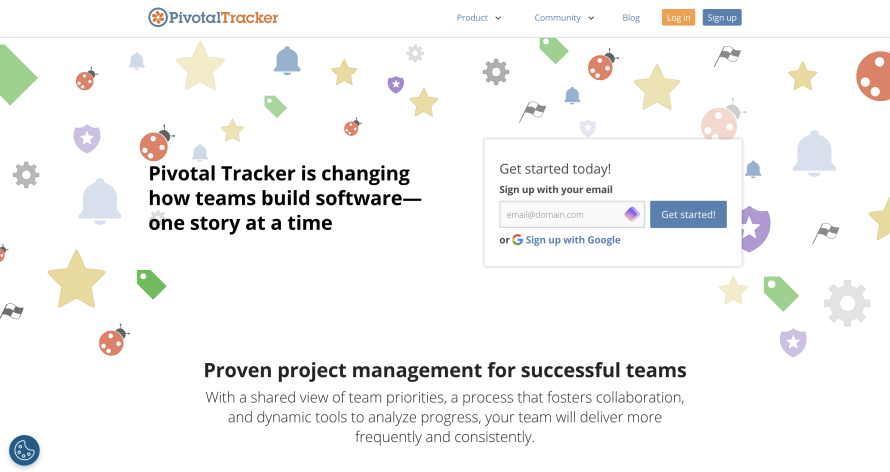 A screenshot of Pivotal Tracker's homepage.