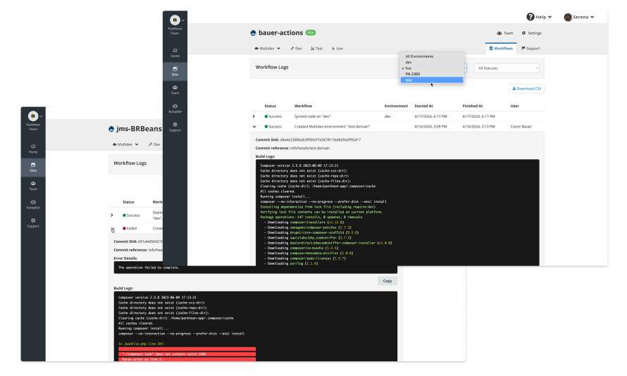 A screenshot of Pantheon's Workflow Logs feature. 