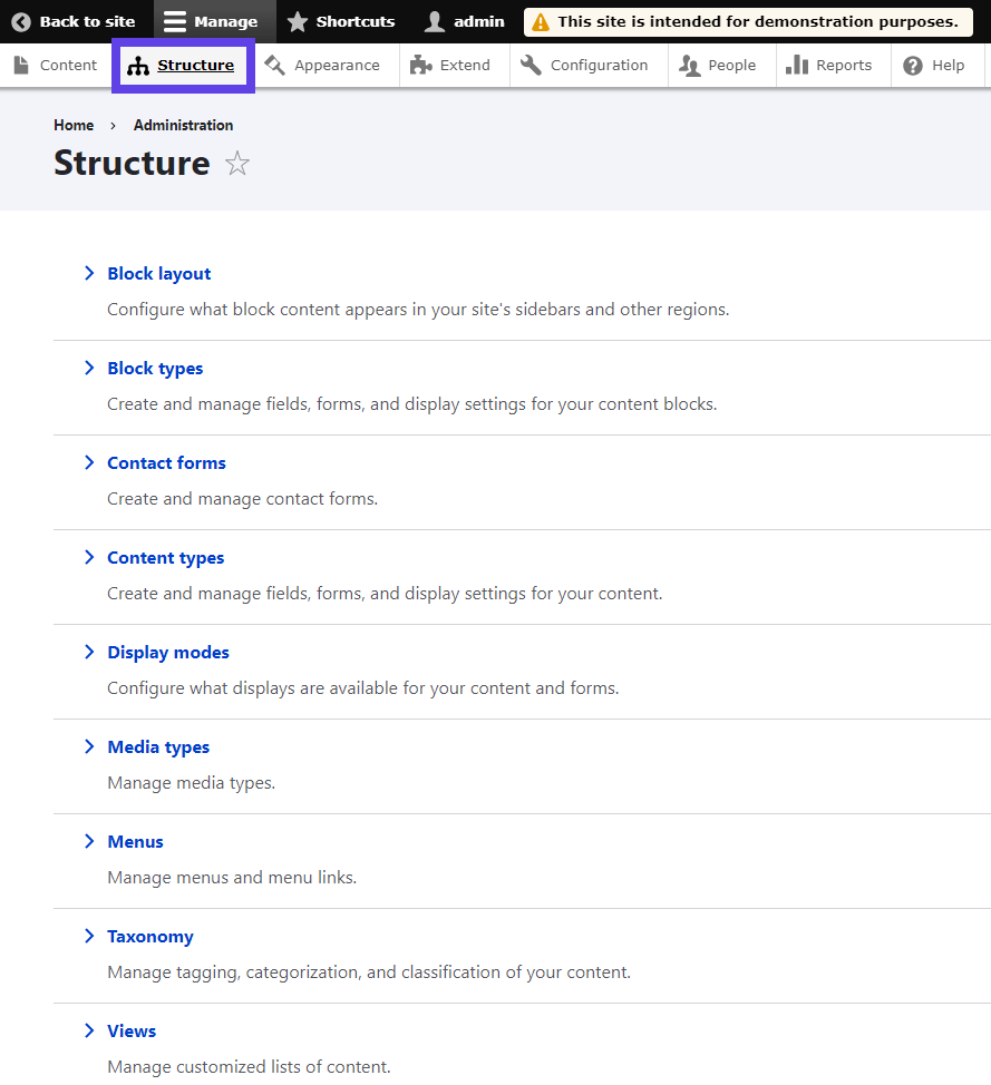 A screenshot showing the Structure tab in Drupal’s back-end.