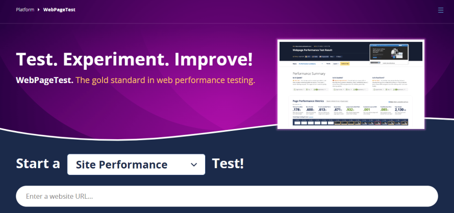 A screenshot of the WebPageTest homepage.