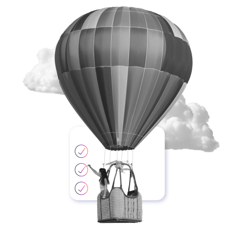 A collage featuring a hot air balloon taking off with a checklist of items in the background.